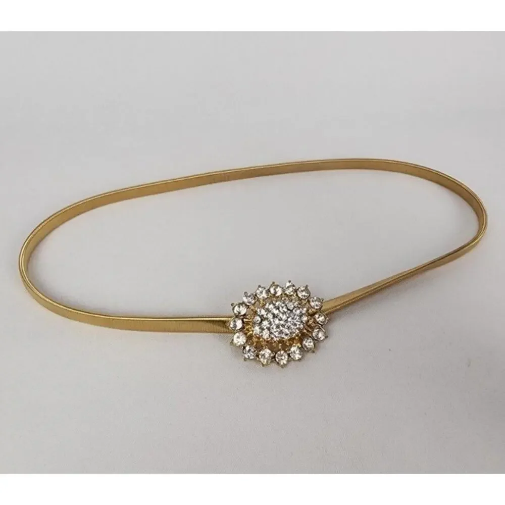 Vintage 80s Goldtone Skinny Rhinestone Stretchy Gold Tone Flex Belt
